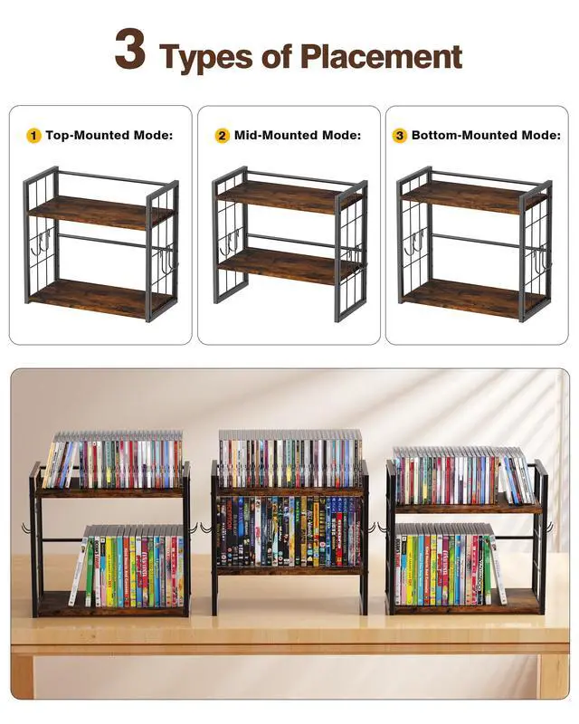 Alt view image 6 of 6 - 2-Tier CD Storage Rack, DVD Storage Display Rack with 4 Hooks | CD Holder Shelf, CD Organizer Tower, Holds Up to 25 DVDs or 37 CDs, DVD Display Stand with 26 Ib, for Music Enthusiasts