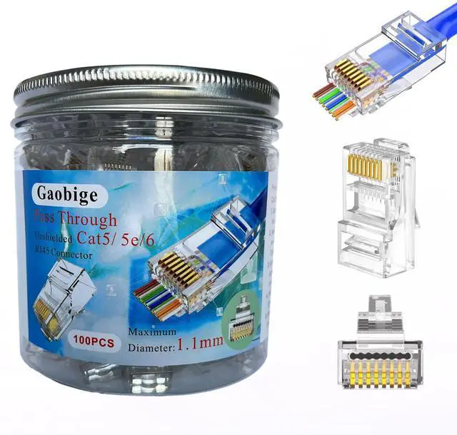 Main image of 100-PACK Cat5 Cat5e Cat6 RJ45 Pass Through Connectors Ends | 1.1mm Unshielded Connectors for Solid Wire and Standard Cable