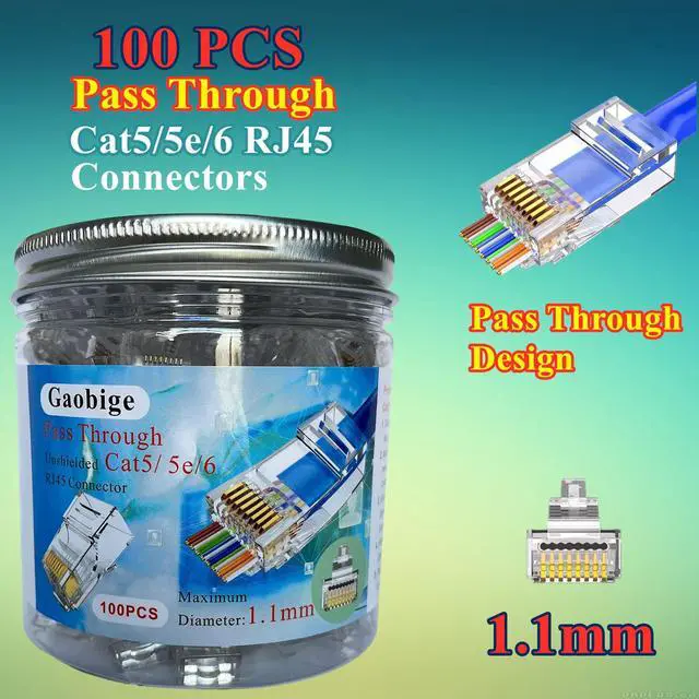 Alt view image 2 of 6 - 100-PACK Cat5 Cat5e Cat6 RJ45 Pass Through Connectors Ends | 1.1mm Unshielded Connectors for Solid Wire and Standard Cable