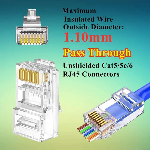 Alt view image 3 of 6 - 100-PACK Cat5 Cat5e Cat6 RJ45 Pass Through Connectors Ends | 1.1mm Unshielded Connectors for Solid Wire and Standard Cable