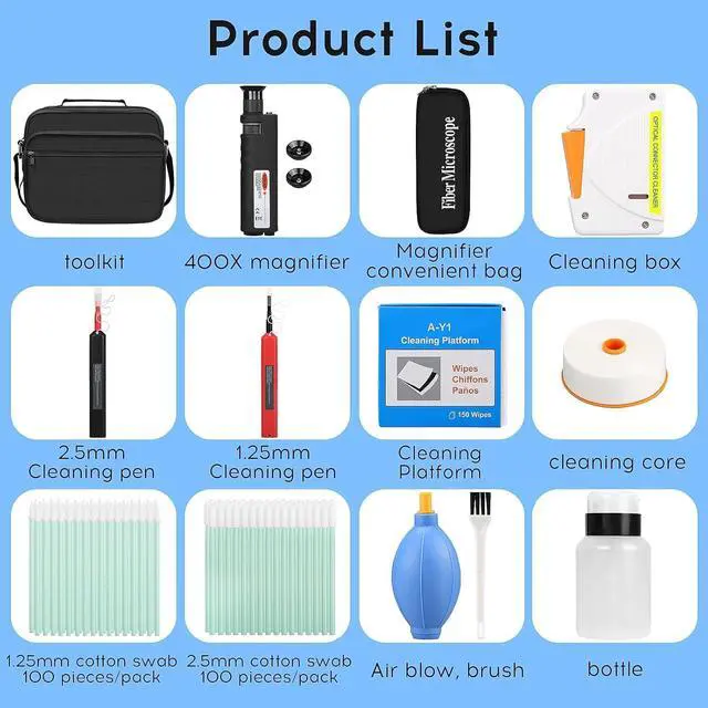 Alt view image 2 of 6 - 13 in 1 Fiber Optic Cleaning Tool kit with 400x Optical Fiber Microscope SC/LC Cleaning Pen 2.5mm 1.25mm Interface Cleaning Box with Replace core Fiber Optic Cleaner kit FTTH Clean Tool Kit