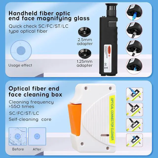 Alt view image 3 of 6 - 13 in 1 Fiber Optic Cleaning Tool kit with 400x Optical Fiber Microscope SC/LC Cleaning Pen 2.5mm 1.25mm Interface Cleaning Box with Replace core Fiber Optic Cleaner kit FTTH Clean Tool Kit