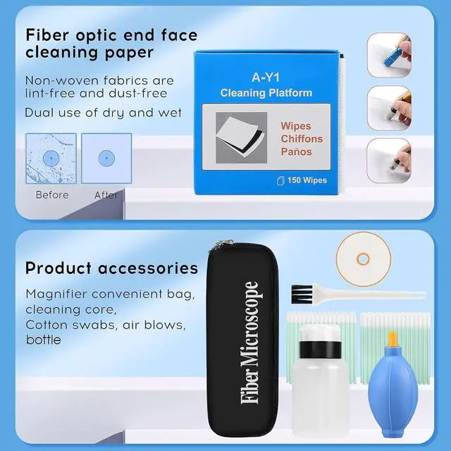 Alt view image 5 of 6 - 13 in 1 Fiber Optic Cleaning Tool kit with 400x Optical Fiber Microscope SC/LC Cleaning Pen 2.5mm 1.25mm Interface Cleaning Box with Replace core Fiber Optic Cleaner kit FTTH Clean Tool Kit
