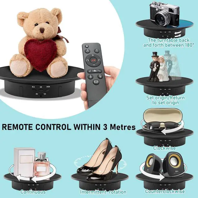 Alt view image 3 of 6 - Remote Motorized Electric Turntable, 360 Rotating Display, 7.9in Black | Speed and Angle Adjustable, Max 18lbs Load, Ideal for Photography, 3D Models, Products Display, Exhibition