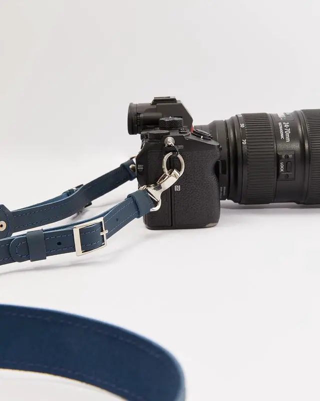 Alt view image 2 of 5 - Personalized Leather Camera Straps for Photographers - Comfortable Neck and Shoulder Camera Strap for DSLR Cameras - Unique Handmade Photographer Gifts for Women and Men (Navy Denim)
