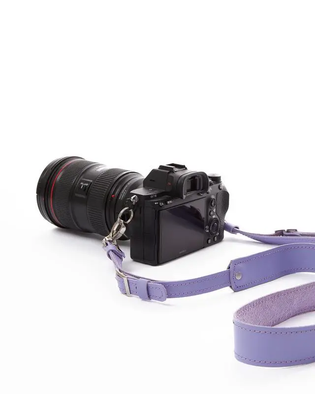 Alt view image 2 of 3 - Personalized Leather Camera Straps for Photographers - Comfortable Neck and Shoulder Camera Strap for DSLR Cameras - Unique Handmade Photographer Gifts for Women and Men (Lavender)