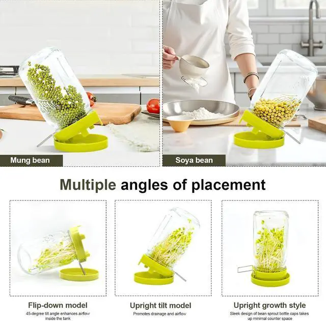 Alt view image 4 of 7 - Wide Mouth Mason Jar Sprouting Kit with Sprouting Lids and Drainage Tray - Ideal for Bean, Alfalfa Sprouts and Microgreens, Vertical and Angled Placement Support(Two lids and two drip trays)
