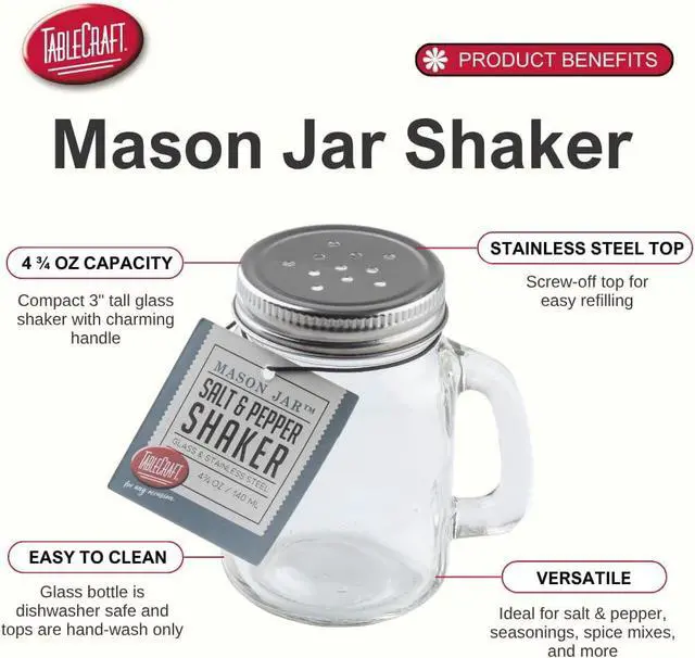 Alt view image 2 of 2 - Tablecraft Small Glass Mason Shaker with Metal Lid, 5-Ounce, Clear