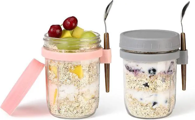 Main image of 16oz Glass Mason Overnight Oats Jars, Cereal, Yogurt, Salad Lunch,Glass Overnight Oats Containers with Lids and Spoon, Container with Measurement Marks -(Grey&Pink-2Pcs)
