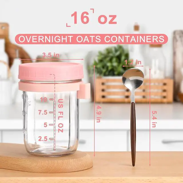 Alt view image 2 of 7 - 16oz Glass Mason Overnight Oats Jars, Cereal, Yogurt, Salad Lunch,Glass Overnight Oats Containers with Lids and Spoon, Container with Measurement Marks -(Grey&Pink-2Pcs)