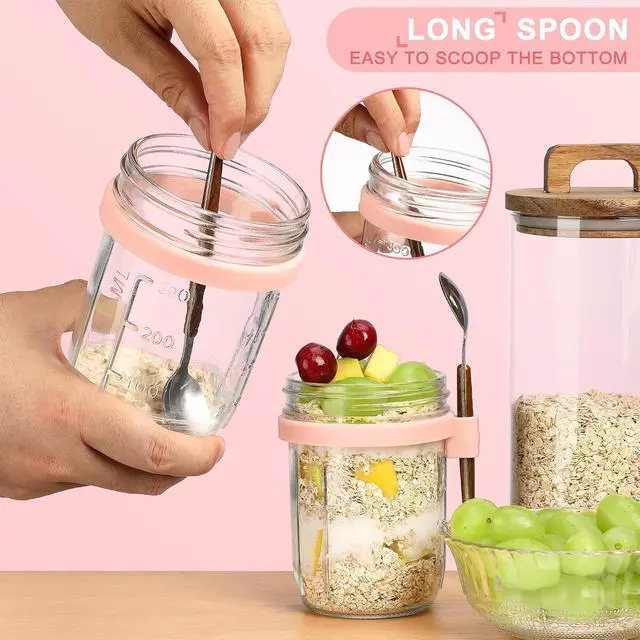 Alt view image 4 of 7 - 16oz Glass Mason Overnight Oats Jars, Cereal, Yogurt, Salad Lunch,Glass Overnight Oats Containers with Lids and Spoon, Container with Measurement Marks -(Grey&Pink-2Pcs)