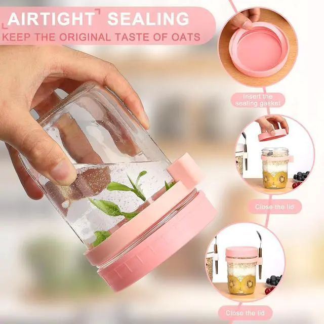 Alt view image 3 of 7 - 16oz Glass Mason Overnight Oats Jars, Cereal, Yogurt, Salad Lunch,Glass Overnight Oats Containers with Lids and Spoon, Container with Measurement Marks -(Grey&Pink-2Pcs)