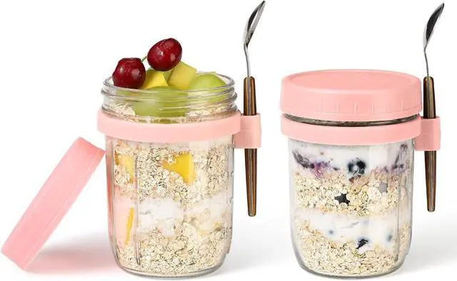 Main image of 16oz Glass Mason Overnight Oats Jars, Cereal, Yogurt, Salad Lunch,Glass Overnight Oats Containers with Lids and Spoon, Container with Measurement Marks - (Pink-2Pcs)