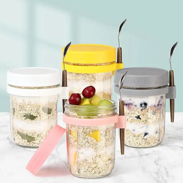Alt view image 7 of 7 - 16oz Glass Mason Overnight Oats Jars, Cereal, Yogurt, Salad Lunch,Glass Overnight Oats Containers with Lids and Spoon, Container with Measurement Marks -(Grey&Pink-2Pcs)