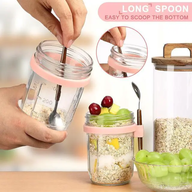 Alt view image 4 of 7 - 16oz Glass Mason Overnight Oats Jars, Cereal, Yogurt, Salad Lunch,Glass Overnight Oats Containers with Lids and Spoon, Container with Measurement Marks - (Pink-2Pcs)