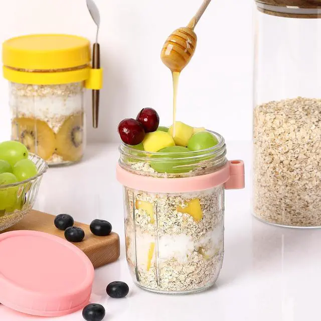 Alt view image 6 of 7 - 16oz Glass Mason Overnight Oats Jars, Cereal, Yogurt, Salad Lunch,Glass Overnight Oats Containers with Lids and Spoon, Container with Measurement Marks -(Grey&Pink-2Pcs)