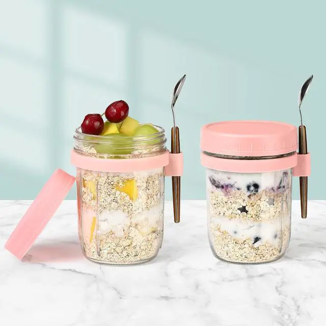 Alt view image 7 of 7 - 16oz Glass Mason Overnight Oats Jars, Cereal, Yogurt, Salad Lunch,Glass Overnight Oats Containers with Lids and Spoon, Container with Measurement Marks - (Pink-2Pcs)