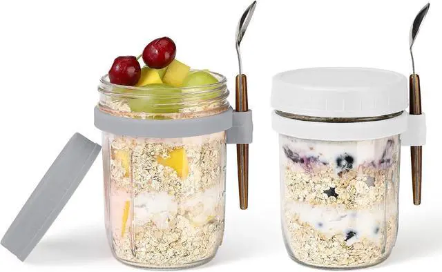 Main image of 16oz Glass Mason Overnight Oats Jars, Cereal, Yogurt, Salad Lunch,Glass Overnight Oats Containers with Lids and Spoon, Container with Measurement Marks - (Grey&White-2Pcs)