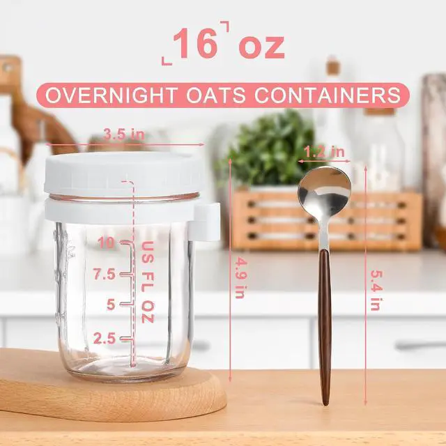 Alt view image 2 of 7 - 16oz Glass Mason Overnight Oats Jars, Cereal, Yogurt, Salad Lunch,Glass Overnight Oats Containers with Lids and Spoon, Container with Measurement Marks - (Grey&White-2Pcs)