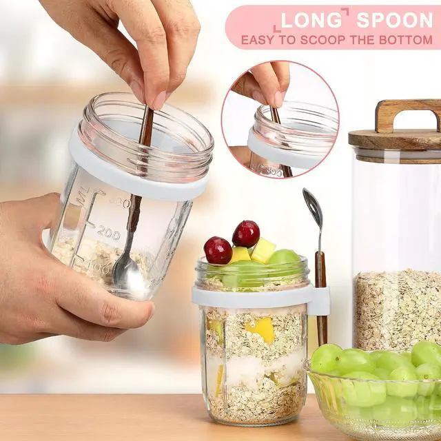 Alt view image 4 of 7 - 16oz Glass Mason Overnight Oats Jars, Cereal, Yogurt, Salad Lunch,Glass Overnight Oats Containers with Lids and Spoon, Container with Measurement Marks - (Grey&White-2Pcs)