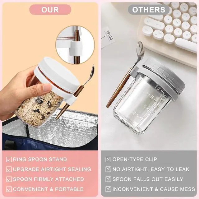 Alt view image 6 of 7 - 16oz Glass Mason Overnight Oats Jars, Cereal, Yogurt, Salad Lunch,Glass Overnight Oats Containers with Lids and Spoon, Container with Measurement Marks - (Grey&White-2Pcs)