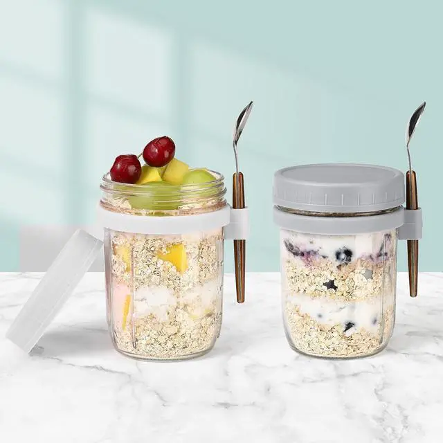 Alt view image 7 of 7 - 16oz Glass Mason Overnight Oats Jars, Cereal, Yogurt, Salad Lunch,Glass Overnight Oats Containers with Lids and Spoon, Container with Measurement Marks - (Grey&White-2Pcs)