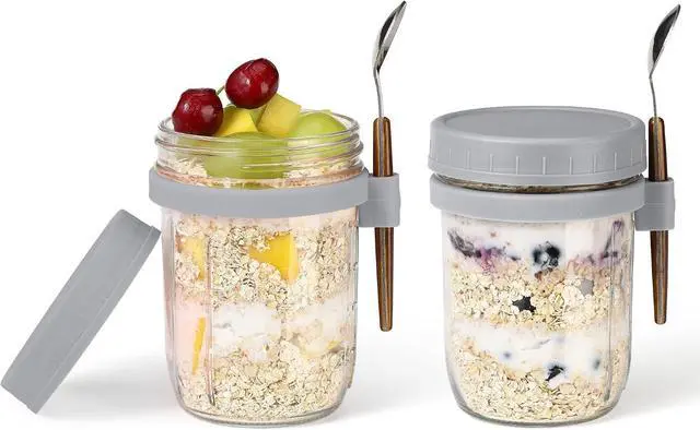 Main image of 16oz Glass Mason Overnight Oats Jars, Cereal, Yogurt, Salad Lunch,Glass Overnight Oats Containers with Lids and Spoon, Container with Measurement Marks - (Grey-2Pcs)