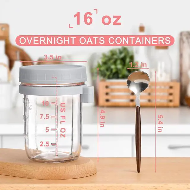 Alt view image 2 of 7 - 16oz Glass Mason Overnight Oats Jars, Cereal, Yogurt, Salad Lunch,Glass Overnight Oats Containers with Lids and Spoon, Container with Measurement Marks - (Grey-2Pcs)