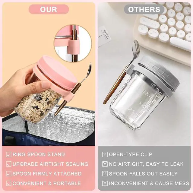 Alt view image 5 of 7 - 16oz Glass Mason Overnight Oats Jars, Cereal, Yogurt, Salad Lunch,Glass Overnight Oats Containers with Lids and Spoon, Container with Measurement Marks -(Grey&Pink-2Pcs)