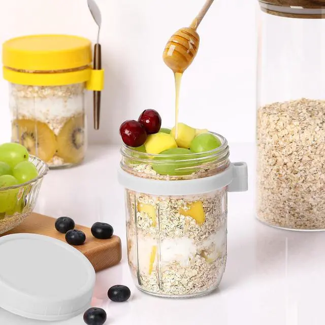 Alt view image 6 of 7 - 16oz Glass Mason Overnight Oats Jars, Cereal, Yogurt, Salad Lunch,Glass Overnight Oats Containers with Lids and Spoon, Container with Measurement Marks - (Grey-2Pcs)