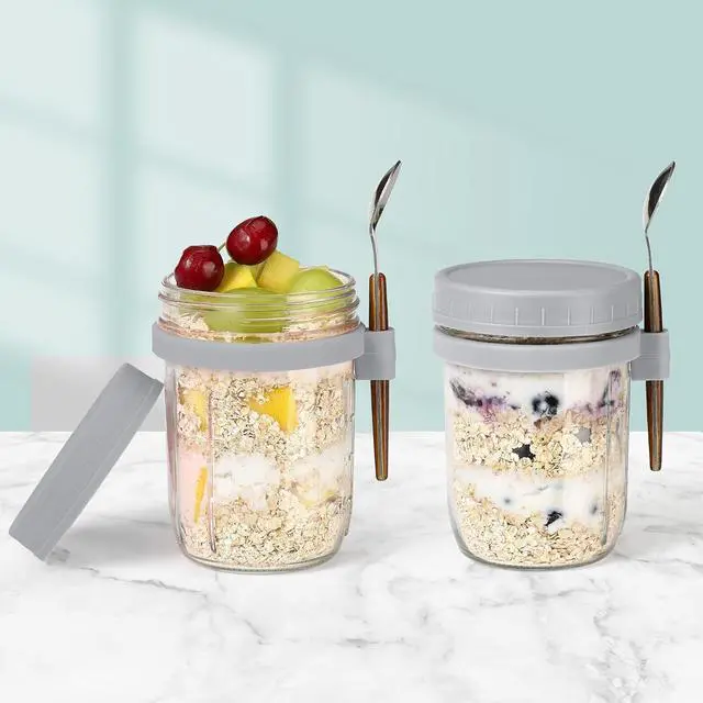 Alt view image 7 of 7 - 16oz Glass Mason Overnight Oats Jars, Cereal, Yogurt, Salad Lunch,Glass Overnight Oats Containers with Lids and Spoon, Container with Measurement Marks - (Grey-2Pcs)