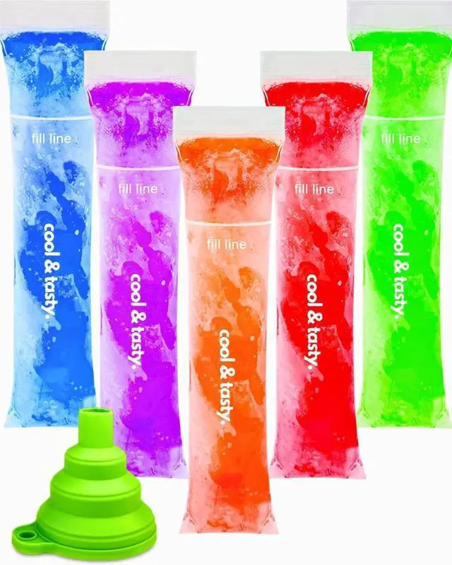 Main image of ANSMIO 150 Disposable Popsicle Mold Bags with Zip Seals, 8x2" Freezer Tubes for DIY Ice Pops, Yogurt, Juice & Fruit Smoothies - Includes Funnel, BPA-Free, Ice Pop Molds