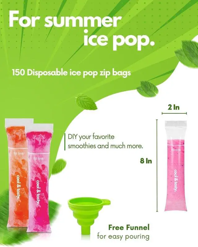 Alt view image 3 of 6 - ANSMIO 150 Disposable Popsicle Mold Bags with Zip Seals, 8x2" Freezer Tubes for DIY Ice Pops, Yogurt, Juice & Fruit Smoothies - Includes Funnel, BPA-Free, Ice Pop Molds