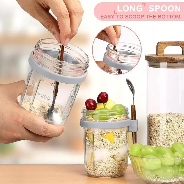 Alt view image 4 of 7 - 16oz Glass Mason Overnight Oats Jars, Cereal, Yogurt, Salad Lunch,Glass Overnight Oats Containers with Lids and Spoon, Container with Measurement Marks - (Grey-2Pcs)