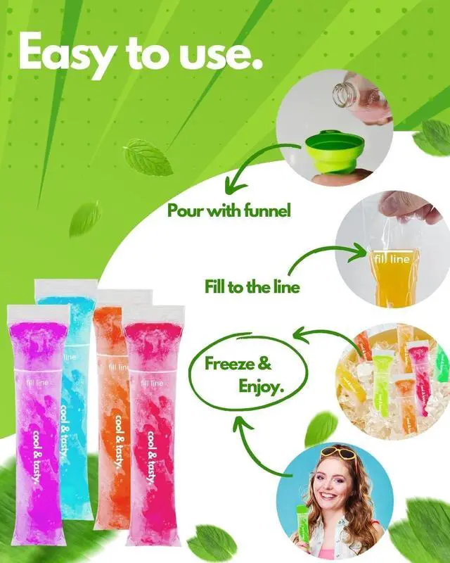 Alt view image 4 of 6 - ANSMIO 150 Disposable Popsicle Mold Bags with Zip Seals, 8x2" Freezer Tubes for DIY Ice Pops, Yogurt, Juice & Fruit Smoothies - Includes Funnel, BPA-Free, Ice Pop Molds