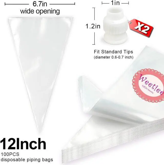Alt view image 4 of 7 - Weetiee Pastry Piping Bags -100 Pack-12-Inch Disposable Cake Decorating Bags Anti-Burst Cupcake Icing Bags for all Size Tips Couplers and Baking Cookies Candy Supplies Kits - Bonus 2 Couplers