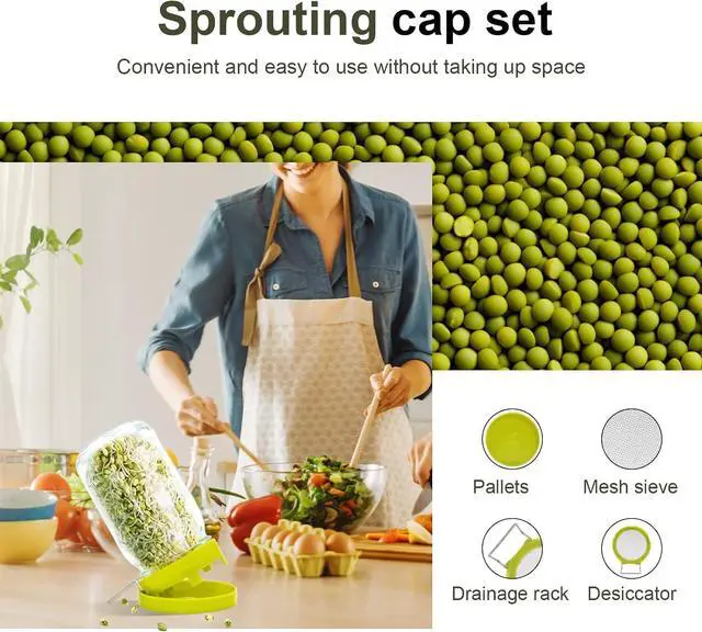 Alt view image 7 of 7 - Wide Mouth Mason Jar Sprouting Kit with Sprouting Lids and Drainage Tray - Ideal for Bean, Alfalfa Sprouts and Microgreens, Vertical and Angled Placement Support(Two lids and two drip trays)