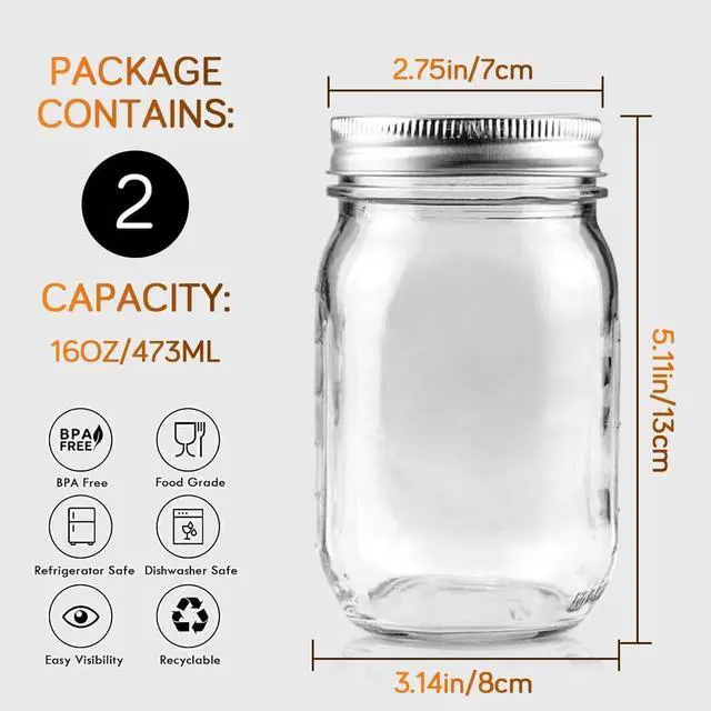 Alt view image 2 of 7 - 2 Pack 16oz Regular Mouth Glass Mason Jars, Airtight Lids for Canning