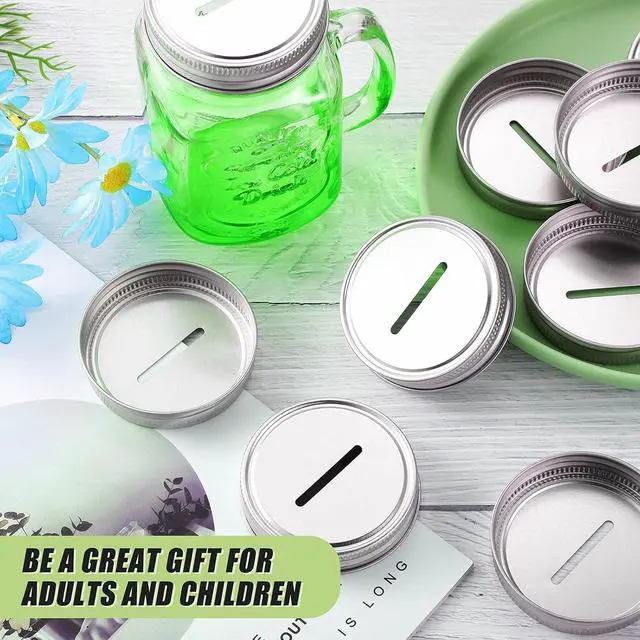 Alt view image 4 of 7 - Geiserailie 24 Pieces Coin Slot Mason Jars Lids Regular Mouth & Piggy Bank