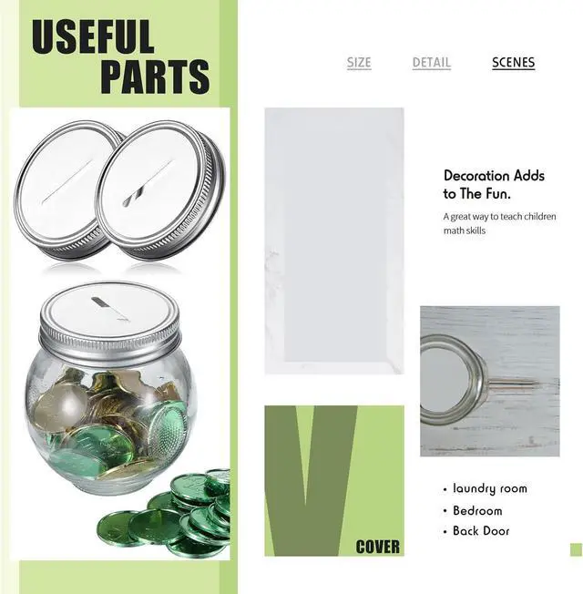 Alt view image 6 of 7 - Geiserailie 24 Pieces Coin Slot Mason Jars Lids Regular Mouth & Piggy Bank