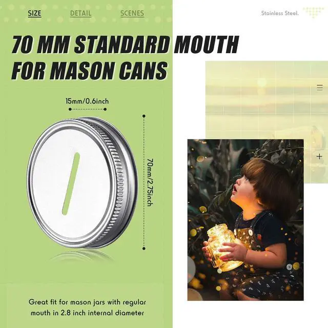 Alt view image 2 of 7 - Geiserailie 24 Pieces Coin Slot Mason Jars Lids Regular Mouth & Piggy Bank