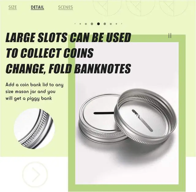 Alt view image 3 of 7 - Geiserailie 24 Pieces Coin Slot Mason Jars Lids Regular Mouth & Piggy Bank