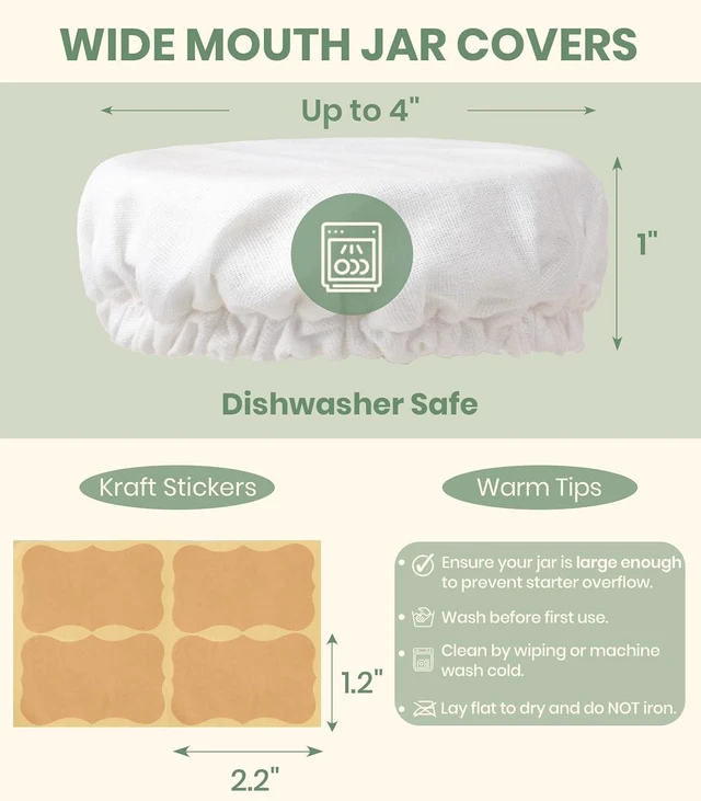 Alt view image 5 of 7 - 4 inch Sourdough Jar Cover, Wide Mouth Reusable Cloth Lid for Sour Dough Starter Jar, 4Pack Cotton Bread Fermentation Container Tops Elastic Fabric Caps for Weck Mason Kombucha Jars