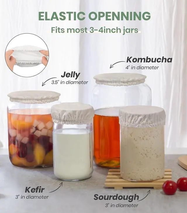 Alt view image 2 of 6 - Kombucha Cloth Cover for Weck Jars Wide Mouth | Elastic Cotton Toppers Fabric Fermenting Lid Covers for Sourdough Kefir Starter Ball Mason Gallon Jar