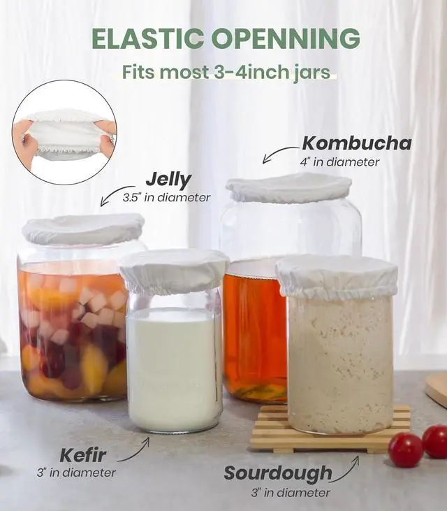 Alt view image 2 of 6 - Cloth Tops for Mason Jars 4 inch Wide Mouth | Reusable Regular Sourdough Starter Lids | Breathable Cap Replacement for Gallon Glass Jar