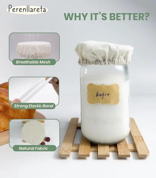 Alt view image 3 of 6 - Cloth Tops for Mason Jars 4 inch Wide Mouth | Reusable Regular Sourdough Starter Lids | Breathable Cap Replacement for Gallon Glass Jar