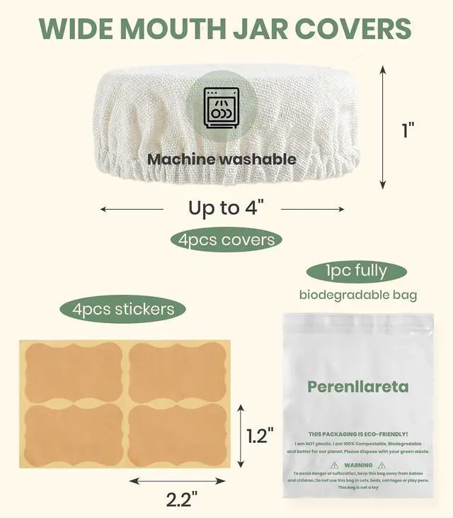Alt view image 5 of 6 - Cloth Tops for Mason Jars 4 inch Wide Mouth | Reusable Regular Sourdough Starter Lids | Breathable Cap Replacement for Gallon Glass Jar
