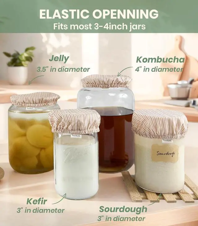 Alt view image 2 of 7 - Sourdough Jar Cover Reusable Cloth Lid for Sour Dough Starter Jar, 4Pack Cotton Bread Fermentation Container Tops Elastic Fabric Caps for Weck Mason Kombucha Jars 3-4 Inches, Pink Striped
