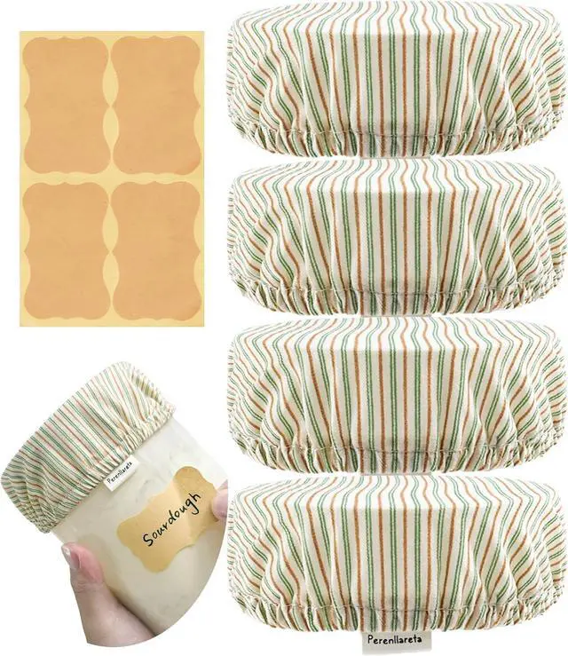Main image of Cloth Jar Covers for Sourdough 4Pack, 4 inch Wide Mouth Kombucha Fabric Lid for Weck Mason Jars, Green Striped