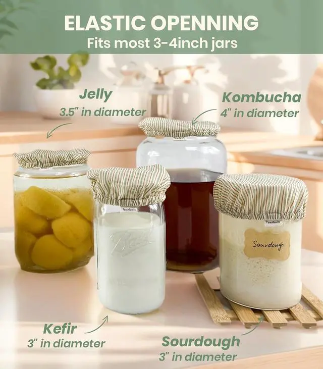 Alt view image 2 of 7 - Cloth Jar Covers for Sourdough 4Pack, 4 inch Wide Mouth Kombucha Fabric Lid for Weck Mason Jars, Green Striped